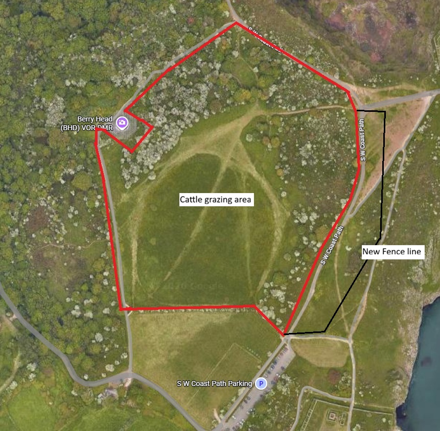 An aerial view of Berry Head outlining the cattle grazing area and the new fence line.