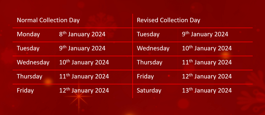 Christmas Collection Dates 2023/24 - WEEK 3: Monday 08 January 2024 to Tuesday 09 January 2024, Tuesday 09 January 2024 to Wednesday 10 January 2024, Wednesday 10 January 2024 to Thursday 11 January 2024, Thursday 11 January 2024 to Friday 12 January 2024, Friday 12 January 2024 to Saturday 13 January 2024. After which normal collections resume. Alternatively call SWISCo on 01803 701310 and our customer support team will be happy to help you with your dates.
